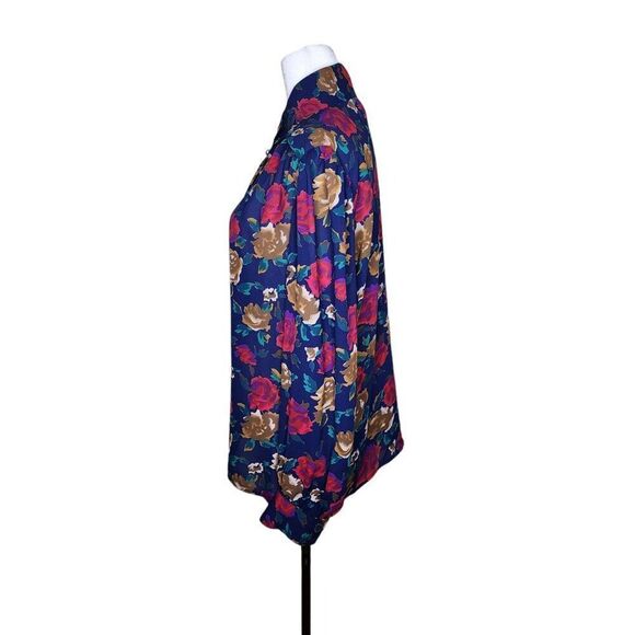 Vintage 80s High Neck Long Sleeve Pleated Floral Blouse Womens Size 12 Blue Mult - Picture 6 of 9